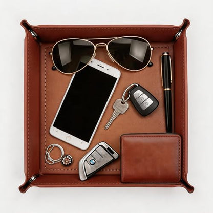 Valet Tray Desktop Storage Organizer – Vegan Leather Catchall Tray Bedside Vanity Tray Nightstand Caddy Holder for Remote Controller, Watch, Keys, Phone, Wallet, Coin, Jewelry, Brown - color: Brown