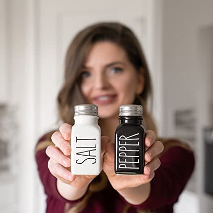 Farmhouse Ceramic Salt and Pepper Shakers Set with Extra Lids. 100% Stoneware Salt and Pepper Shaker Set. Black Pepper and White Salt Shaker with Lid x4. Kitchen Salt Pepper Shakers - color: White/Black