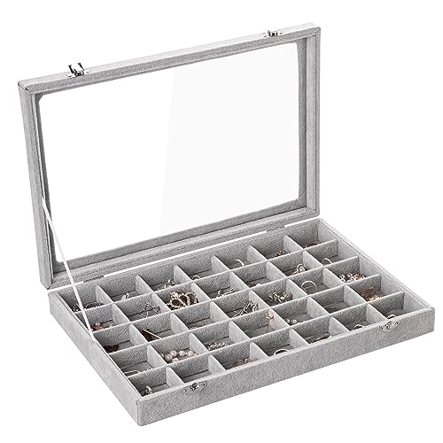 35 Grid Earring Organizer,Velvet Jewelry Tray with Clear Lid | Drawer Jewelry Organizer for Rings Studs Beads,Adjustable Dividers,Dustproof Design,Earring Storage,Trinket Box,13.8×9.5In - color: Grey, size: 35 Grid