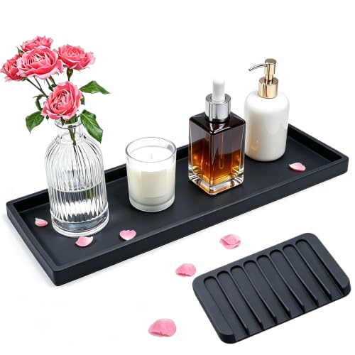 Bloss Bathroom Vanity Tray with Soap Dish-15.7X 5.9inch Silicone Tray for Kitchen Counter, Sink Vanity Trays with Soap Holder, Toilet Tank Tray, Great Counter Trays for Jewelry/Candle/Key/Perfume - color: Black, size: 15.7" x 5.9" x 0.9"