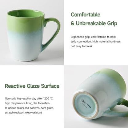 MONITO 17oz Ceramic Coffee Mugs Set of 6, Green Gradient Mugs with Handle | Mugs with Gold Rim for Latte,Tea&Cocoa,Dishwasher&Microwave Safe,Reactive Glaze Cups,Ideal Gift for Office and Home Use - color: White-green(14oz)