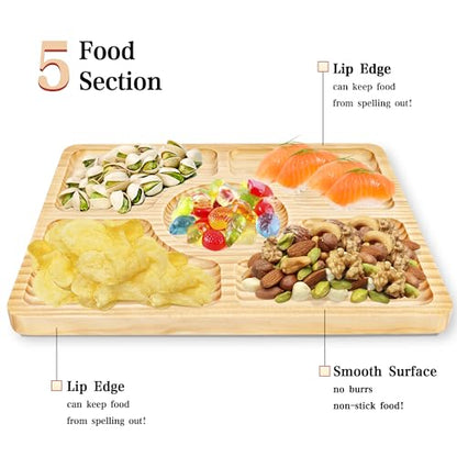 Divided Wood Serving Tray, Rectangular Tray Chip and Dip Platter, Serving Tray with 5 Sections for Appetizers & Snacks, Veggie Platter, Food Trays for Party 12'' x 8.7'' x 0.6'' - color: Rectangle