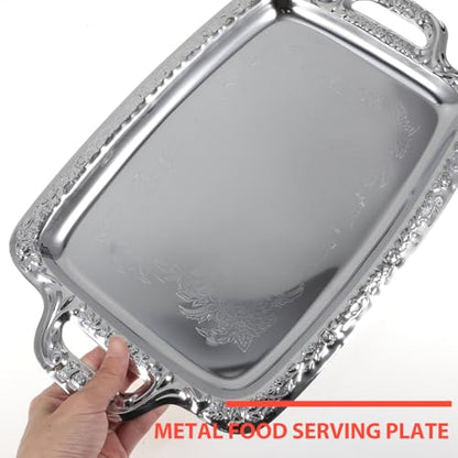 Homoyoyo Silver Serving Tray With Handles, Mirror Finish Rectangular Metal Tray 13.5*9 Inch for Food Serving Coffee Table Dessert Platter Stainless Steel Decorative for Kitchen Dining Room Wedding Use