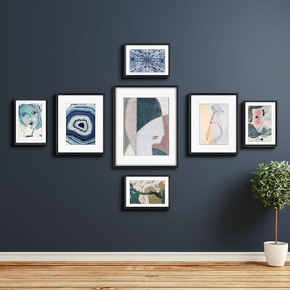 Frametory 7 Pack Aluminum Picture Frame with Mat for Gallery Wall, Black | Set includes one 11x14, two 8x10, four 5x7 frames with glass fronts, removable mats, and built-in hangers for wall mounting - color: Black
