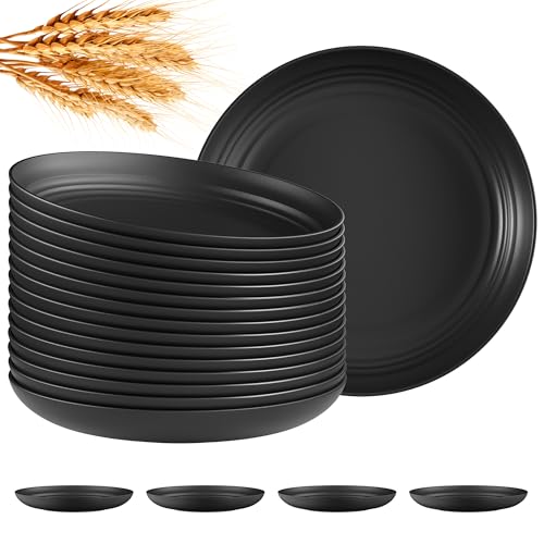 Quatish 16 PCS Unbreakable Reusable Plastic Plates,8 inch Dishwasher & Microwave Safe Dinner Plate, Easy-to-Clean Lightweight,Portable for Kitchen & Picnics Wheat Straw Plates （Black） - color: Black