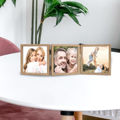WUTL 3 Picture Frame Triple Collage 5x5 Frames with Real Glass Wood Grain | Trifold Photo Frame, Hinged Foldable, Crystal Clear Real Glass - color: Wood Grain, size: 5x5