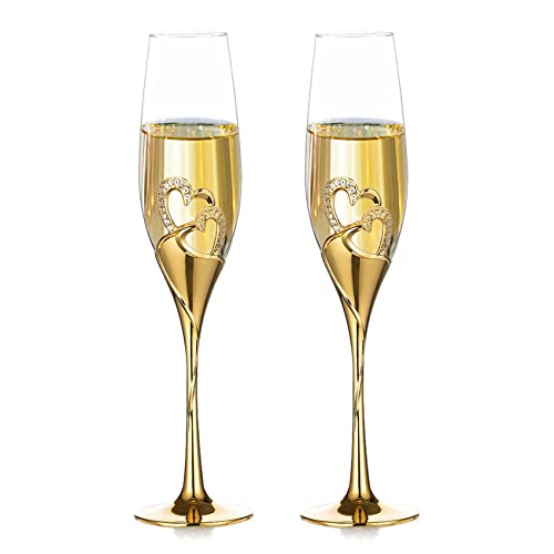 NUPTIO Gold Crystal Champagne Flutes, Wedding Gifts for Couple, Set of 2 | 6.76oz Rhinestone Rimmed Heart Toasting Glasses, Wine Cups for Anniversary, Engagement, Valentine's Day, Bridal Shower - color: Gold