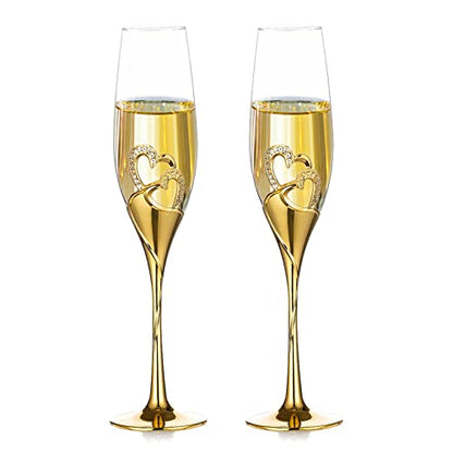NUPTIO Gold Crystal Champagne Flutes, Wedding Gifts for Couple, Set of 2 | 6.76oz Rhinestone Rimmed Heart Toasting Glasses, Wine Cups for Anniversary, Engagement, Valentine's Day, Bridal Shower - color: Gold