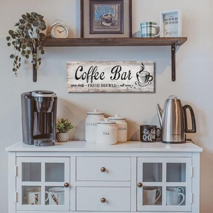 Rustic Wood Grain Coffee Station，Retro Coffee Bar Signs for Kitchen 6x17 | Self Serve Fresh Brewed Open Daily, Large Farmhouse Wall Hanging Plaque - color: Retro Coffee Bar, size: 6" x 17"