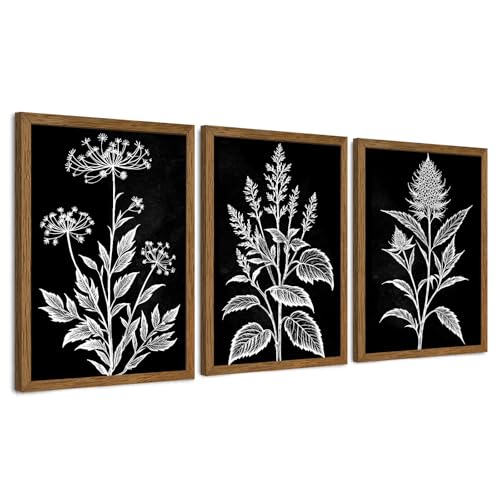 AVECCO 3 Pieces Black White Botanical Wall Art Canvas Framed 16x24 Inch | UV Fade-Resistant Ink, Triptych Botanical, Wooden Frame, Black White Line Art, Ready to Hang, Living Room Office Decor - color: Dark, size: 24"L x 16"W