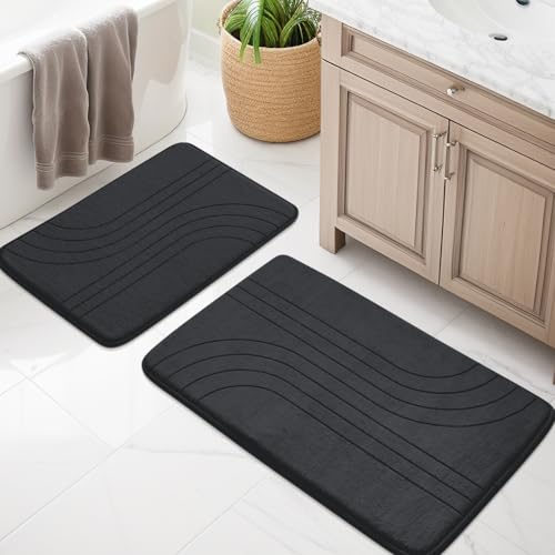 Bathroom Rugs Sets 2 piece, Soft Memory Foam Bath Mat Set, Non Slip Bathroom Mats 2 Piece, Machine Washable Bath Rugs Set for Bathroom, Tub, Toilet and Floor (Black) - color: Black-2, size: 2 PC