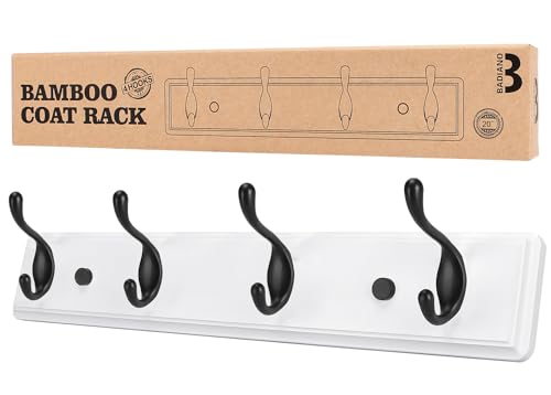 Heavy Duty Wooden Coat Rack, Wall-Mounted, Black Hook White Board, 19 Inch | 4 Black Double Hooks, Greater Storage Space Organizer for Hanging Towels, Bags, Hats, Jackets, Key - color: WhiteBlack, size: 4 Hooks