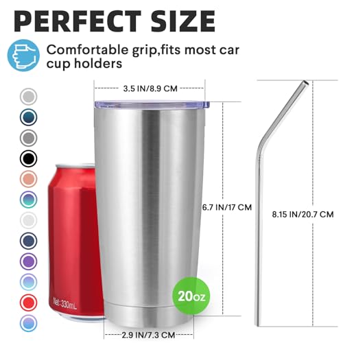 Volhoply 20oz Stainless Steel Tumbler with Lid and Straw Bulk 4 Pack,Double Wall Insulated Travel Iced Coffee Mug Fits Cup Holder,Powder Coated Cups for Hot/Cold Drinks,Christmas Gifts（Silver,4 Set） - color: Silver
