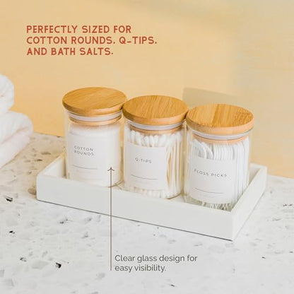 Mini Glass Apothecary Jars with Bamboo Lids, Small Bathroom and Kitchen Storage Containers, For Cotton Balls, Pads and Swabs, 10 oz, Set of 3 (Clear) - color: Clear