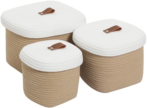 Set of 3 Nesting Woven Storage Baskets with Lids, Cotton Rope Decorative Basket Set for Shelf Closet Living Room Organizing, Square Beige & White - color: Beige/White Lid, size: 10"x10”x8”-8.5”x8.5”x7”-7.5”x7.5”x6.3”