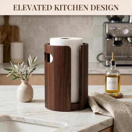 Wooden Paper Towel Holder Countertop, Weighted Base Acacia Wooden Kitchen roll rack with splash guard, and non-slip design, One-Hand Tear Design, Farmhouse Paper Towel Stand for Kitchen, Apartment, RV