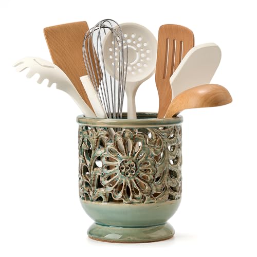 Farmhouse Kitchen Utensil Holder for Countertop, Ceramic Large Cooking Utensil Crock with Cork Mat, Decorative Rustic Utensil Holder for Kitchen Counter, Hollow Carving Flower, Blue - color: Blue & Green & Black