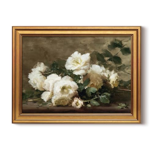 InSimSea Vintage Floral Wall Art, White Roses Flower Canvas Painting Print | 12x16 Inch Gold Framed Botanical Artwork, Retro Farmhouse Wall Decor for Living Room Bedroom Bathroom - color: White Roses, size: 16"L x 12"W