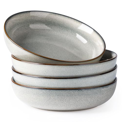 GBhome 8.75'' Large Ceramic Pasta Bowls, 38oz Stoneware Pasta Serving Bowls Set of 4 for Kitchen, Wide Bowls for Fruit,Pasta,Salad,Oatmeal,Meal, Microwave Safe, Reactive Glaze-Green Wheat - color: Green Wheat