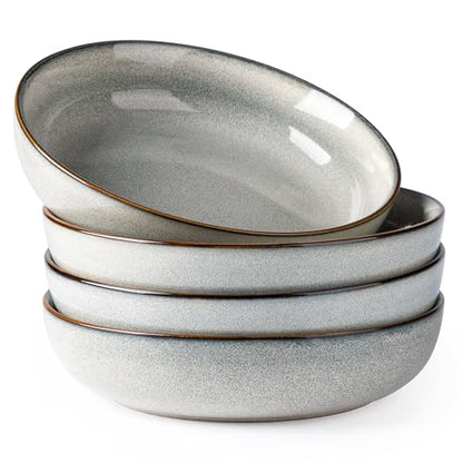 GBhome 8.75'' Large Ceramic Pasta Bowls, 38oz Stoneware Pasta Serving Bowls Set of 4 for Kitchen, Wide Bowls for Fruit,Pasta,Salad,Oatmeal,Meal, Microwave Safe, Reactive Glaze-Green Wheat - color: Green Wheat