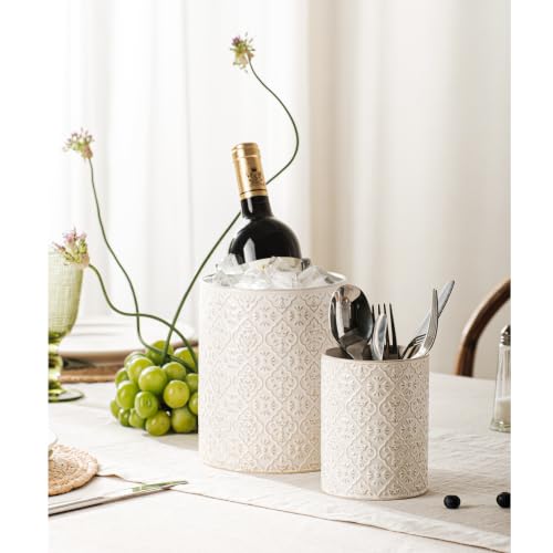 Utensil Holder Set of 2, 7.3”+5.2”Ceramic Utensil Crock Organizer | Farmhouse Countertop Storage, Embossed Pattern - color: Off-White Set of 2