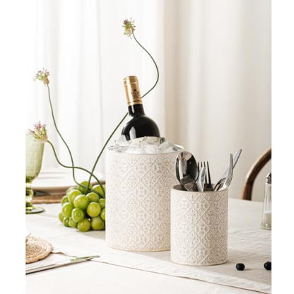 Utensil Holder Set of 2, 7.3”+5.2”Ceramic Utensil Crock Organizer | Farmhouse Countertop Storage, Embossed Pattern - color: Off-White Set of 2