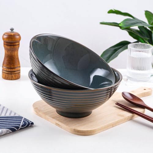 Ceramic Japanese Ramen Bowl Set, 2 Sets Asian Pho Udon Soup Noodle Bowls with Spoons and Chopsticks (Olive Green, 8 inches) - color: Olive Green