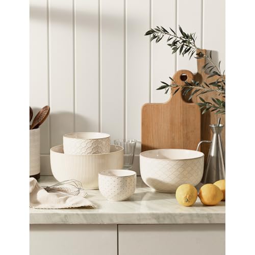 Mikiegy Ceramic Mixing Bowls Set of 4, Nesting Ceramic Embossment Stoneware Mixing Bowls for Cooking, Serving, Popcorn, Salad etc, Microwave & Dishwasher Safe, 20/44/98/145 oz, Off-White - size: 20&44&98&145 oz