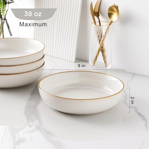 GBHOME 8.75'' Large Ceramic Pasta Bowls, 38oz Stoneware Pasta Serving Bowls Set of 4 for Kitchen, Wide Bowls for Fruit,Pasta,Salad,Oatmeal,Meal, Microwave Safe, Reactive Glaze-Pear White - color: Pearl White