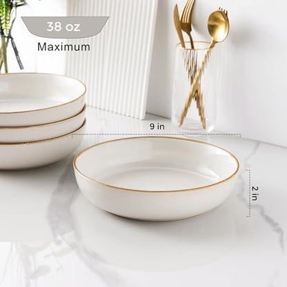 GBHOME 8.75'' Large Ceramic Pasta Bowls, 38oz Stoneware Pasta Serving Bowls Set of 4 for Kitchen, Wide Bowls for Fruit,Pasta,Salad,Oatmeal,Meal, Microwave Safe, Reactive Glaze-Pear White - color: Pearl White