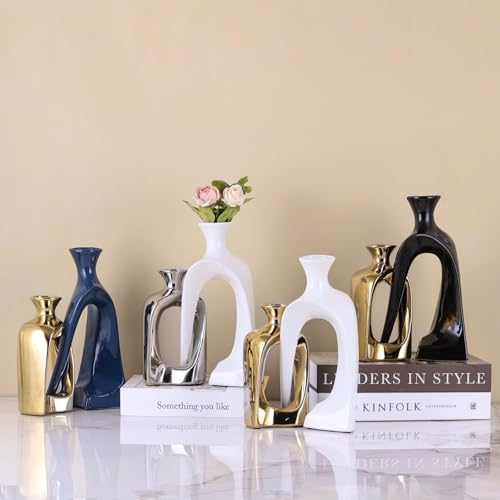 Blue and Gold Ceramic Vases,Pottery Decor Aesthetic Pampas Grass Vase,Midcentury Modern Decor Boho Vase,Unique Donut Vase for Coffee Table Centerpiece,Entry Table Decor (Blue Gold)