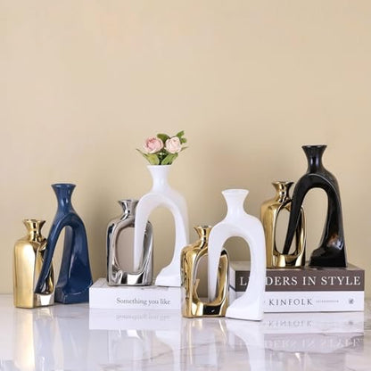 Blue and Gold Ceramic Vases,Pottery Decor Aesthetic Pampas Grass Vase,Midcentury Modern Decor Boho Vase,Unique Donut Vase for Coffee Table Centerpiece,Entry Table Decor (Blue Gold)