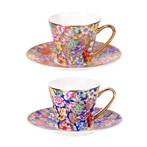 KAMMAK Tea Cup and Saucer, Ceramic Coffee Cups, 7.5 oz, Set of 2 | Porcelain Tea Cups with Saucers for Coffee and Cappuccino, Ideal for Breakfast, Afternoon Tea and Entertaining,637+638N - style: 637N+638N