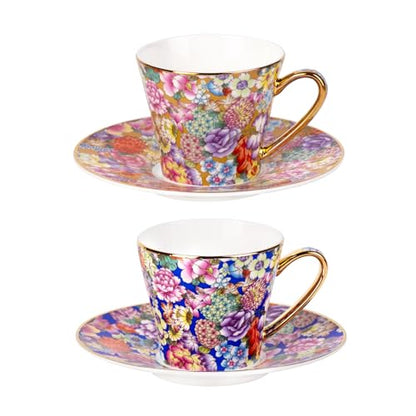 KAMMAK Tea Cup and Saucer, Ceramic Coffee Cups, 7.5 oz, Set of 2 | Porcelain Tea Cups with Saucers for Coffee and Cappuccino, Ideal for Breakfast, Afternoon Tea and Entertaining,637+638N - style: 637N+638N