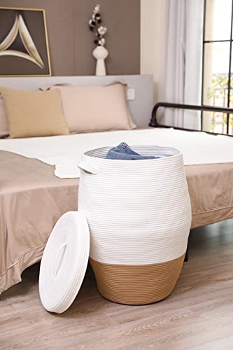 26"x20" Handcrafted Tall Cotton Rope Basket with Lid, Stylish Flagon Shape with Cover, Clothes Hamper with Top, for Bedroom and Living Room, White/Camel Bottom - color: White/Camel Bottom, size: 26"x20"