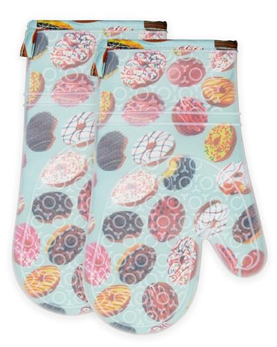 Silicone Oven Mitts Set Heat Resistant 2PCS Kitchen Mittens with Soft Cotton Lining Long Waterproof Non-Slip Oven Gloves for Cooking, BBQ, Baking-Donut - color: Donut