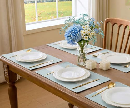 Wracra Linen Placemats Set of 4, Aqua Blue Place Mats for Kitchen Table | Macrame Placemats 12 x 18 Inch, Heat Resistant Table Mats, Premium Cotton Linen Woven Fabric, Delicate Splicing Designs - color: Aqua Blue, size: 12×18 Inch (Set of 4)