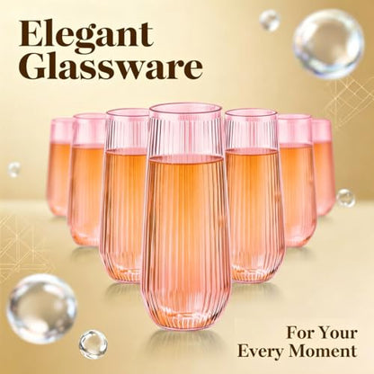 Lueumxc 48 Pack Plastic Ribbed Champagne Flutes, 9 Oz Stemless Disposable Pink Clear Plastic Toasting Glasses Shatterproof Recyclable and BPA-Free Perfect For Wedding