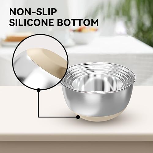 KITEISCAT Stainless Steel Mixing Bowls with Lids – Set of 5 Large Nesting Metal Bowls for Kitchen, Baking, Cooking, Food Prep & Storage, Non-Slip Base, Dishwasher Safe,Khaki - color: Khaki