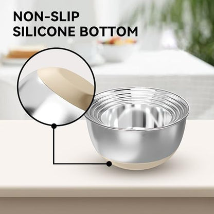 KITEISCAT Stainless Steel Mixing Bowls with Lids – Set of 5 Large Nesting Metal Bowls for Kitchen, Baking, Cooking, Food Prep & Storage, Non-Slip Base, Dishwasher Safe,Khaki - color: Khaki