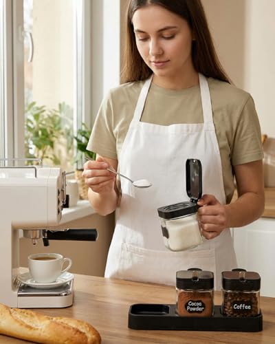 Glass Coffee Containers Set, 3 Pcs, Black | Coffee Station Storage Set with Lids, Spoons and Bases, Includes Stickers and Pen, Storage Jars for Sugar, Coffee, Spices