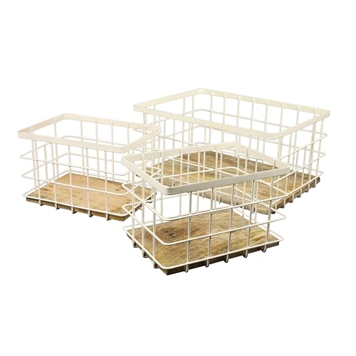 happimess Evvie 3-Piece Wire Metal Wood Nesting Baskets 15", Almond/Natural | Handmade Mango Wood Base, Vintage Farmhouse Industrial Style, Open Mesh Bin For Shelves Pantry Countertop, Mild Steel - color: Almond/Natural