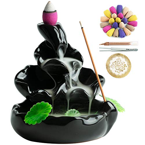 Cute Ceramic Backflow Incense Holder Waterfall Incense Burner with 48 Incense Cones and 30 Incense Stick, Incense Fountain for Home Decor, Desk Decor(Black) - color: Black