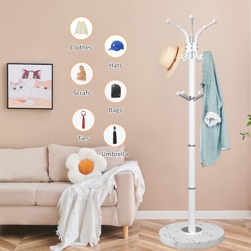 ZOZOE Metal Coat Rack Stand, Modern Coat Rack Freestanding with Natural Marble Base, 360° Rotary Design Coat Racks with 14 Hooks,White Coat Tree Hanger Stand for Bags,Hats,Entryway,Office - color: White 14 Hooks