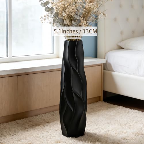 Black Tall Ceramic Floor Vase, 28 Inch, Pleated Wave Design | Matte Finish, Spacious Rooms, Statement Corners, Fireplace, Dried Branches - size: 28 Inch