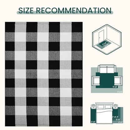 KOZYFLY Buffalo Plaid Area Rugs 3x5 Ft Black and White Checkered Rug Washable Front Door Mat Hand Woven Cotton Outdoor Rug Large Rug for Front Porch Kitchen Entryway Patio Bathroom | Washable Front Door Mat, Woven Cotton Outdoor Rug, Large Rug for Front P