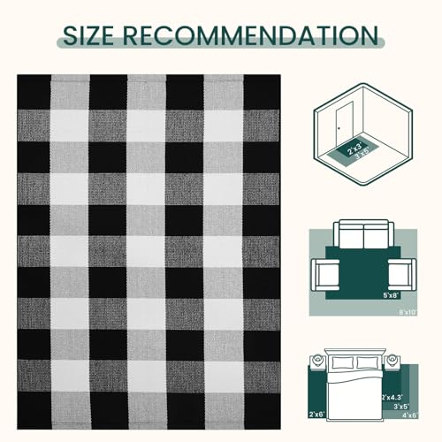 KOZYFLY Buffalo Plaid Area Rug 4 x 6 Ft Black and White Checkered Rug Washable Outdoor Rugs Cotton Rugs for Bedroom Front Door Mat Carpet for Front Porch Living Room Dining Room Kitchen | Washable Outdoor Rugs, Cotton Front Porch Rug, Woven Front Door Rug