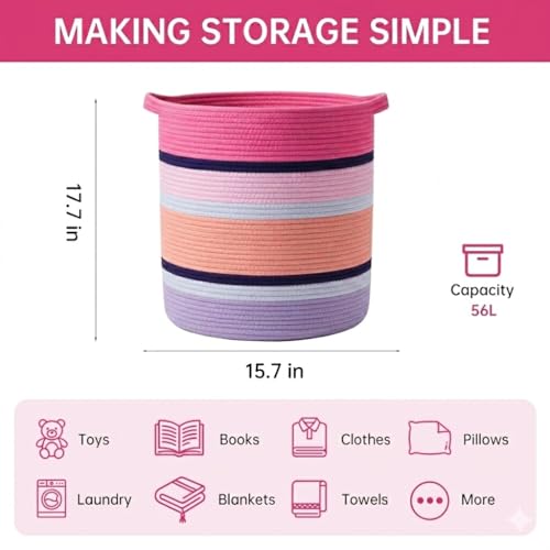 Pink Large Blanket Basket with Handles, 56 L Woven Rope Toy Basket, Foldable Storage Bin for Blankets, Toys & Laundry, stuffy storage for Bedroom & Playroom&Living room (15.7"D * 17.7"H) - size: 15.7"D * 17.7"H