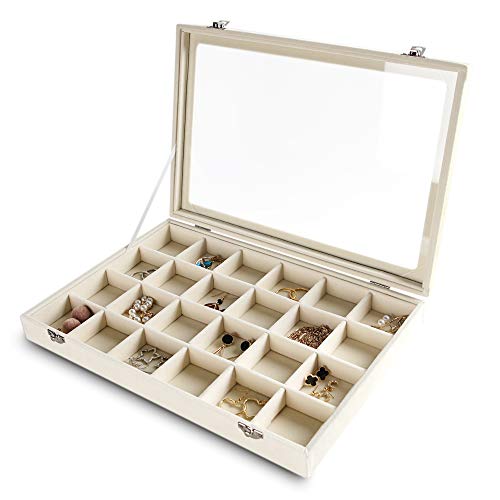 24 Grid Jewelry Tray with Clear Lid, Velvet Earring Organizer | Drawer Jewelry Organizer for Rings Studs Brooch,Adjustable Divider,Dustproof Design,Earring Storage,Trinket Box,13.8×9.5Inch - color: Beige, size: 24 Slots