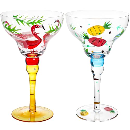 ZAVOOS Set of 2 Margarita Glass, 10 Oz Mexican Hand Blown Glass for Martini | Hand Painted Modern Wine Glasses, Elegant Coupe Cocktail Drinkware for Champagne, Cinco de Mayo, Party Decorations